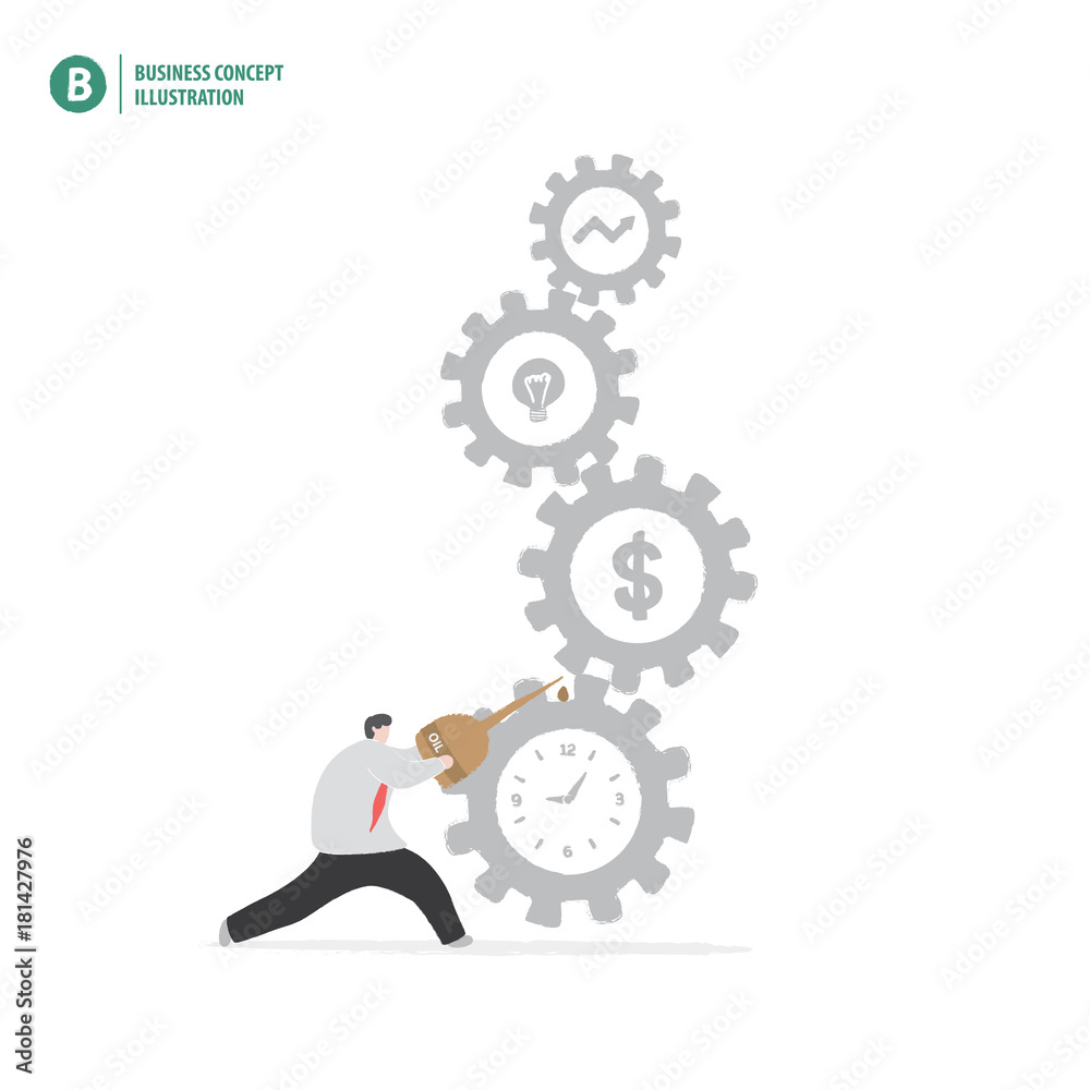 Businessman holding oil to gears meaning repair or solution factor of business  on white background illustration vector. Business concept