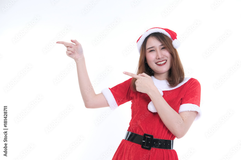 portrait of asian woman in santa claus dress on white background. christmas holiday. merry xmas celebration.