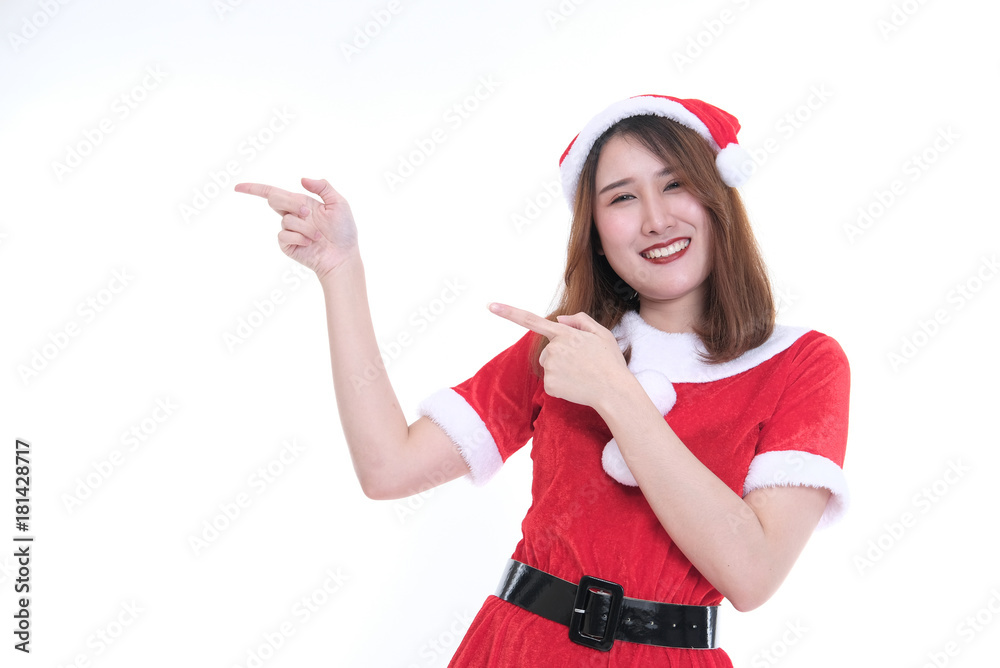 portrait of asian woman in santa claus dress on white background. christmas holiday. merry xmas celebration. portrait of asian woman in santa claus dress on white background. christmas holiday. merry xmas celebration.