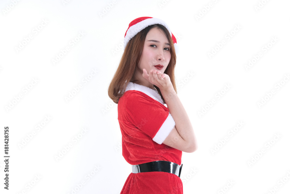 portrait of asian woman in santa claus dress on white background. christmas holiday. merry xmas celebration. portrait of asian woman in santa claus dress on white background. christmas holiday. merry xmas celebration.
