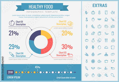 Healthy food infographic template, elements and icons. Infograph includes customizable pie chart, graph, line icon set with food plate, restaurant meal ingredients, eat plan, vegetables, meat etc.