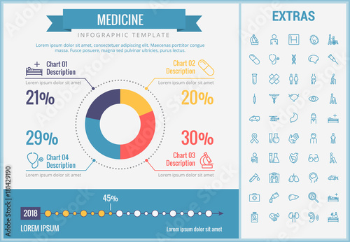 Medicine infographic template, elements and icons. Infograph includes customizable pie chart, graph, line icon set with medical stethoscope, disable person, hospital doctor, nurse, first aid kit etc.
