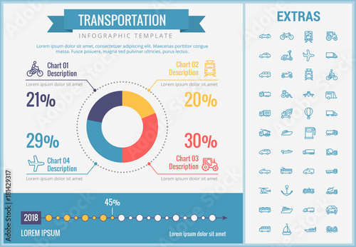 Transportation infographic template, elements and icons. Infograph includes customizable pie chart, graph, line icon set with transport vehicle, truck trailer, airplane flight, car, bus, train etc.
