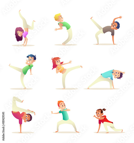 Young people practice capoeira movement. Kids doing different combat elements of martial arts. Cartoon design character. Character collection.