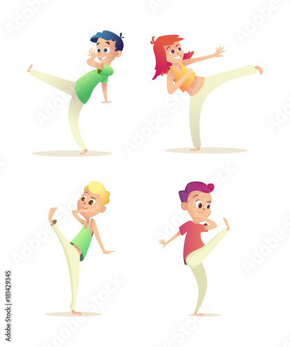 Young teenagers practicing kick exercise. Children make a hit. Kids combat movements.