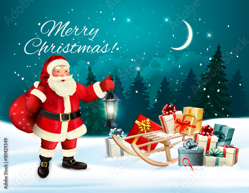Christmas holiday background with Santa Claus holding a sack full presents and landscape. Vector illustration