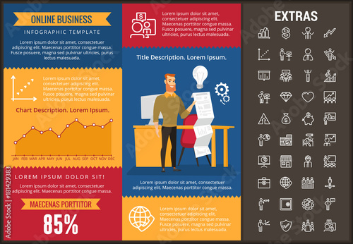 Online business infographic template, elements and icons. Infograph includes customizable graphs, charts, line icon set with stack of money, online market, business worker, mobile shop etc.