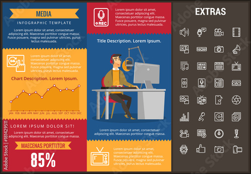 Media infographic template, elements and icons. Infograph includes customizable graphs, charts, line icon set with social media, user profile, broadcast media, music record, telecommunication etc.