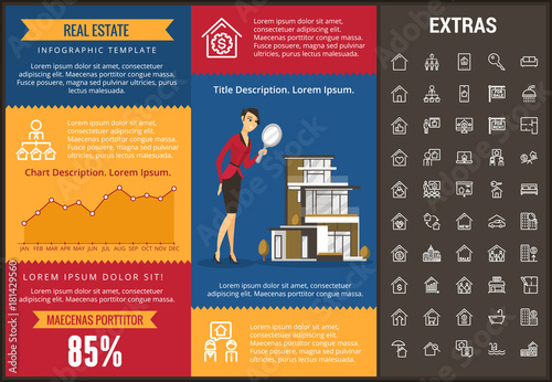 Real estate infographic template, elements and icons. Infograph includes customizable graphs, charts, line icon set with real estate agent, architecture engineering, investment broker, realtor etc.