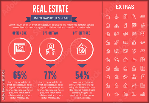 Real estate infographic template, elements and icons. Infograph includes customizable graphs, options, line icon set with real estate agent, architecture engineering, investment broker, realtor etc.