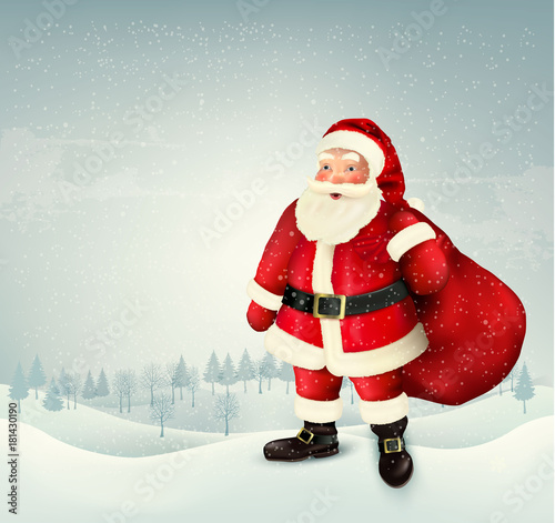 Christmas holiday background with Santa Claus holding a sack full presents and landscape. Vector illustration