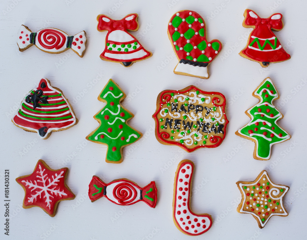 shaped, colorful Christmas cookies