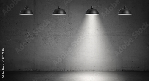 Fototapeta Naklejka Na Ścianę i Meble -  3d rendering of a set of four industrial lamps hanging on a concrete wall background with only one lamp lit up.