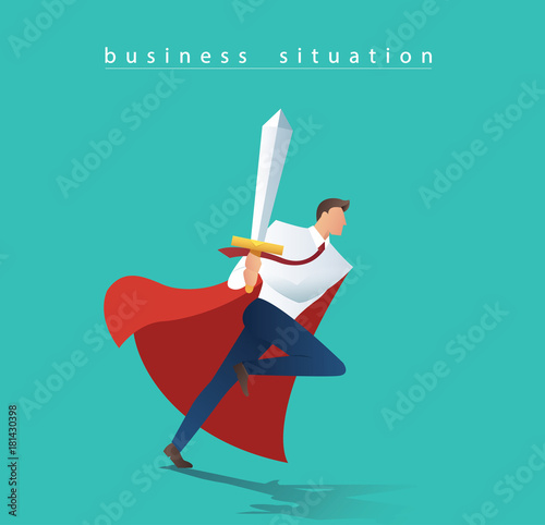 business man with sword running to successful, business concept situation vector illustration