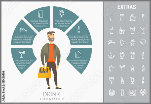 Drink infographic template, elements and icons. Infograph includes customizable circular diagram, line icon set with bar drinks, alcohol beverage, variety of glasses, non-alcoholic beverages etc.