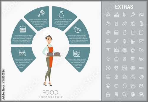Food infographic template, elements and icons. Infograph includes customizable circular diagram, line icon set with food ingredients, restaurant meal, fruit and vegetables, sweet snacks, fast food etc