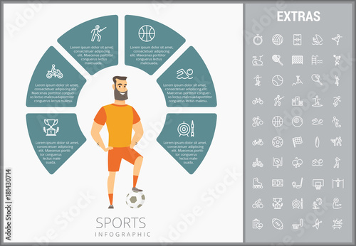 Sports infographic template, elements and icons. Infograph includes customizable circular diagram, line icon set with sport equipment, sports field, competitive games, champion pedestal, athlete etc.