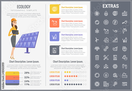 Ecology infographic template, elements and icons. Infograph includes customizable charts, graphs, line icon set with resources of green energy, environmental cycle, water and sun power, factory etc.