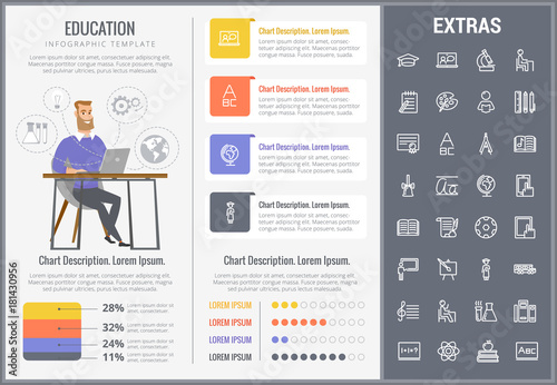 Education infographic template, elements and icons. Infograph includes customizable charts, graphs, line icon set with education certificate, university student, library books, college diploma etc.