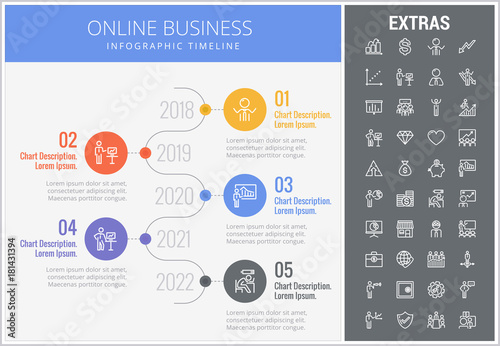 Online business infographic timeline template, elements and icons. Infograph includes numbered options with years, line icon set with stack of money, online market, business worker, mobile shop etc.