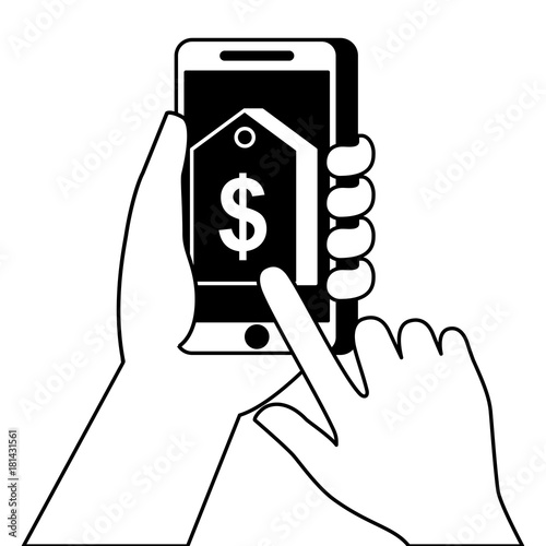 hand holding smartphone with price tag sale discount online vector illustration