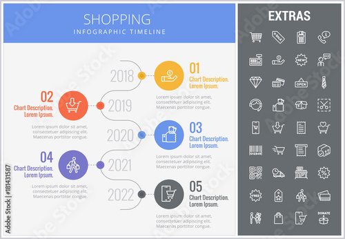 Shopping infographic timeline template, elements and icons. Infograph includes numbered options with years, line icon set with shopping cart, online store, mobile shop, price tag, retail business etc.
