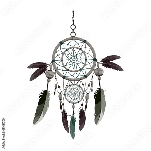 Magical dream catcher with sacred feathers to catch dreams pictogram icon abstract vector illustration. Dream catcher with Indian vector feather.