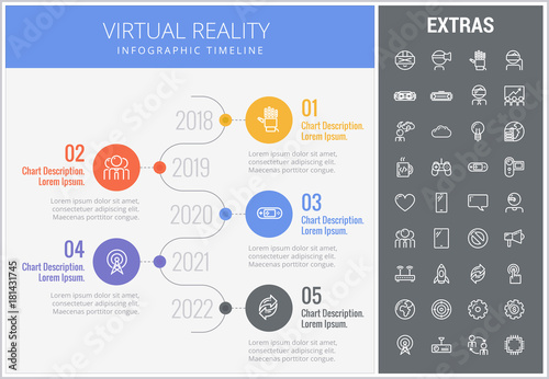 Virtual reality infographic timeline template, elements and icons. Infograph includes numbered options with years, line icon set with virtual reality glasses, vr technology, video game, tech app etc.