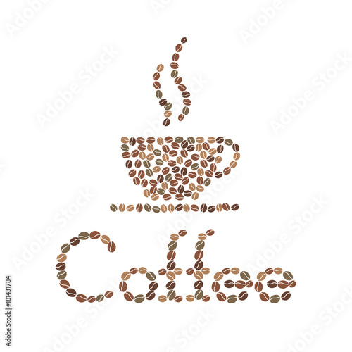 Vector coffee beans placed in the shape of a cup, saucer and word Coffee on a white surface.