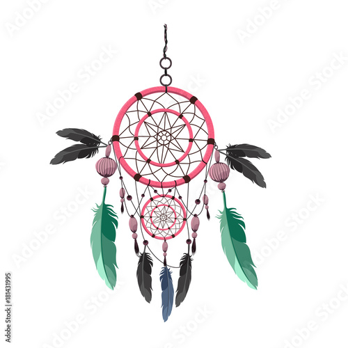 Magical dream catcher with sacred feathers to catch dreams pictogram icon abstract vector illustration. Dream catcher with Indian vector feather.