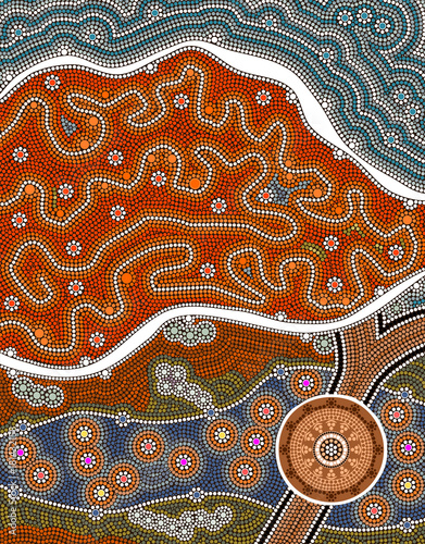 An illustration based on aboriginal style of dot painting depicting salt flats