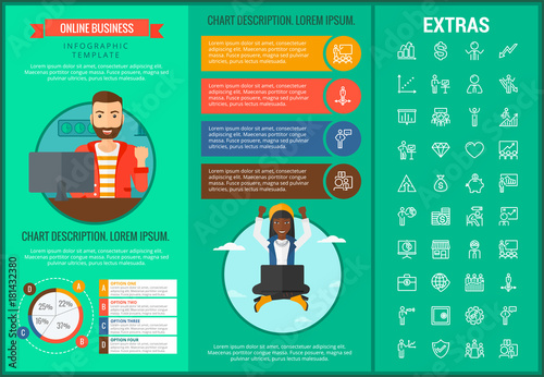 Online business infographic template, elements and icons. Infograph includes customizable graphs, charts, line icon set with stack of money, online market, business worker, mobile shop etc.