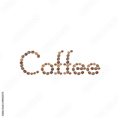 Vector coffee beans placed in the shape of word Coffee on a white surface.
