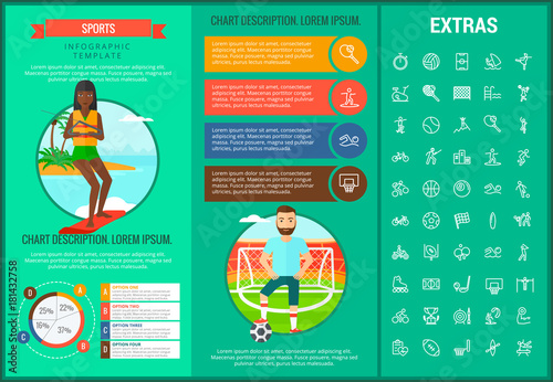 Sports infographic template, elements and icons. Infograph includes customizable graphs, charts, line icon set with sport equipment, sports field, competitive games, champion pedestal, athlete etc.