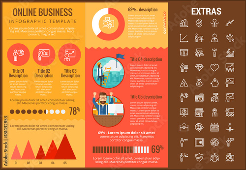 Online business infographic template, elements and icons. Infograph includes customizable graphs, charts, line icon set with stack of money, online market, business worker, mobile shop etc.