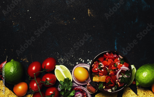 Mexican Food Concept, Nachos, Salsa Sauce, Black Background, Top View