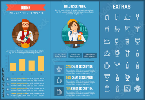 Drink infographic template, elements and icons. Infograph includes customizable charts, graphs, line icon set with bar drinks, alcohol beverage, variety of glasses, non-alcoholic beverages etc. photo