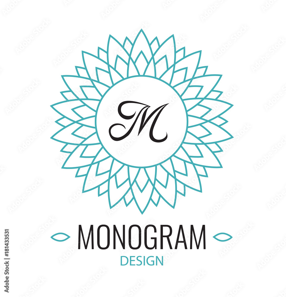 Fototapeta premium Round green emblem with the letter M on white background. Elegant floral monogram template Design. Simple logo design for restaurant, hotel, heraldic, jewelry. invitations on Wedding