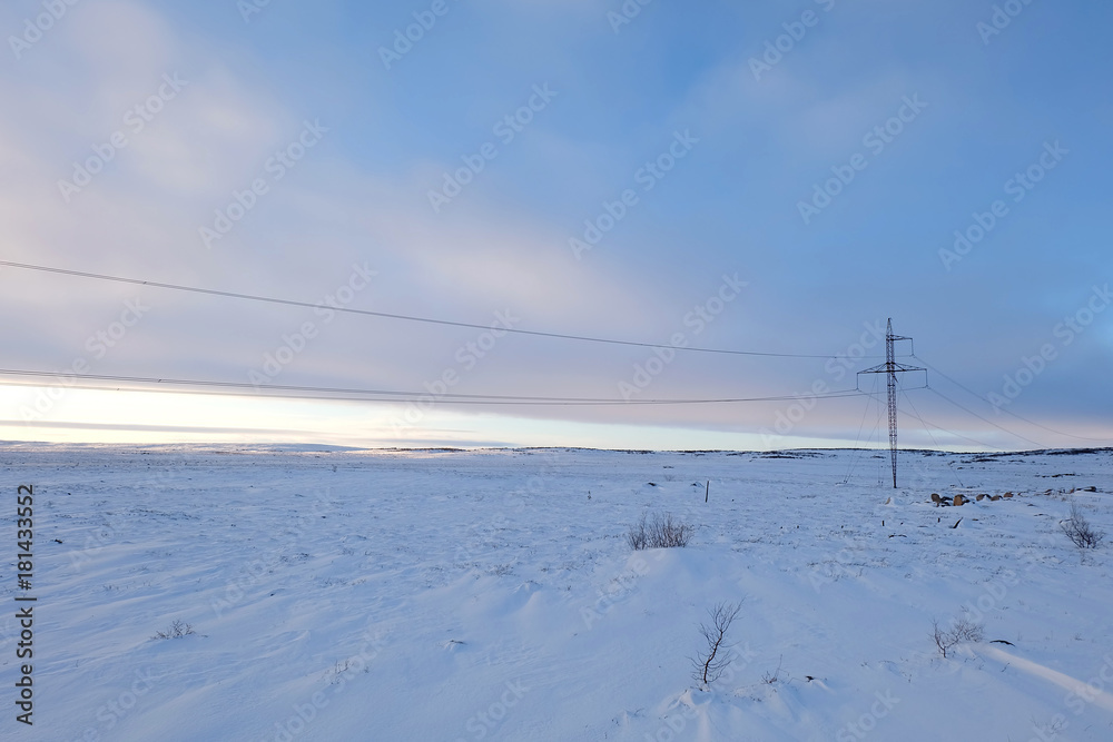 Tundra landscape cover with snow in early Winter on the way from Murmansk to Teriberka