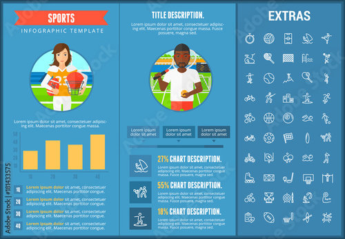 Sports infographic template, elements and icons. Infograph includes customizable graphs, charts, line icon set with sport equipment, sports field, competitive games, champion pedestal, athlete etc.