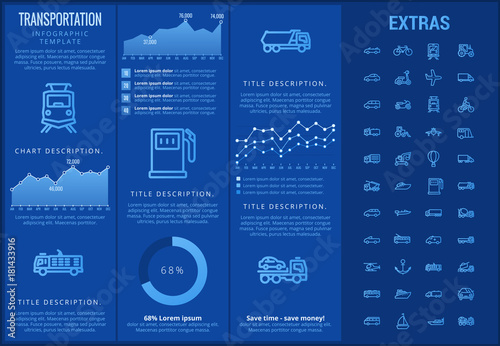 Transportation infographic template, elements and icons. Infograph includes customizable graphs, charts, line icon set with transport vehicle, truck trailer, airplane flight, car, bus, train etc.