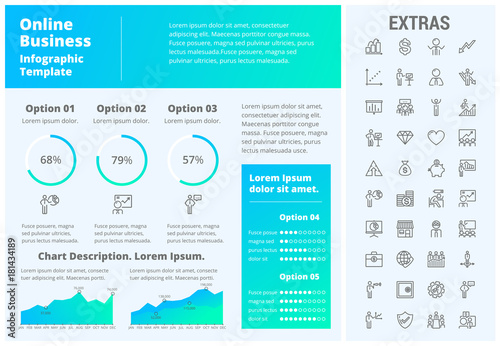 Online business infographic template, elements and icons. Infograph includes customizable graphs, three options, line icon set with stack of money, online market, business worker, mobile shop etc.