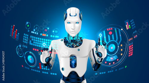 Robot humanoid works with a virtual HUD interface in augmented reality. Robot with a plastic face presses button on virtual keyboard and working with virtual holographic interface. Future concept.