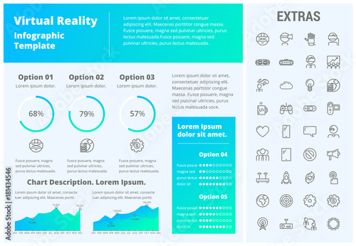Virtual reality infographic template, elements and icons. Infograph includes customizable graphs, three options, line icon set with virtual reality glasses, vr technology, video games, tech app etc.