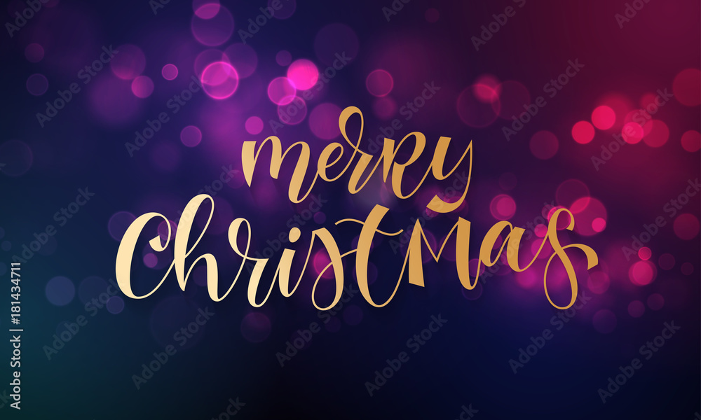 Merry Christmas greeting card of sparkling festive bokeh light background and golden calligraphy lettering text. Vector festive glitter shine with light effect for Christmas or New Year holiday