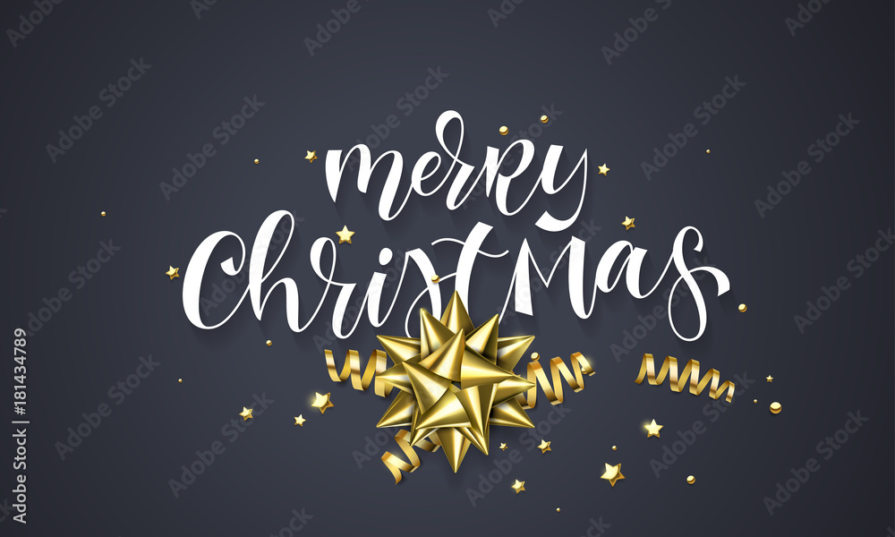 Merry Christmas greeting card background design template of golden glittering decoration ball and stars confetti. Vector Christmas winter holiday calligraphy quote on black premium background