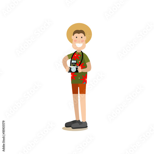 Tourist with camera vector illustration in flat style