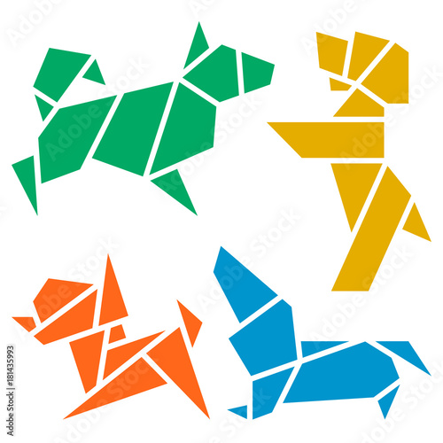 Vector Origami Dogs Icon Set. Abstract Low Poly Pet Dog Breed Sign Silhouette Isolated on White. Freehand Drawn Paper Folding Art Emblem. Template Geometric Logo Design. 2018 Chinese New Year Symbol