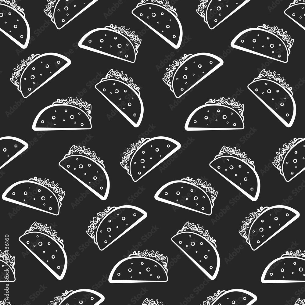 Monochrome seamless pattern with white cartoon mexican taco on black background. Outline tacos texture for fast food textile, wrapping paper, package, restaurant or cafe menu banners