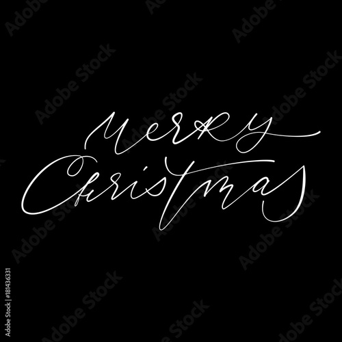Merry Christmas hand drawn calligraphy text of modern lettering for greeting card design. Vector festive calligraphic trendy typography for Christmas holiday quote on black background